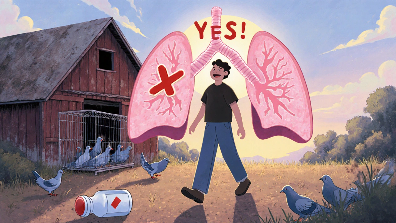 A person walking away from environmental triggers as their lungs heal, with a discarded pill bottle marked with an X.