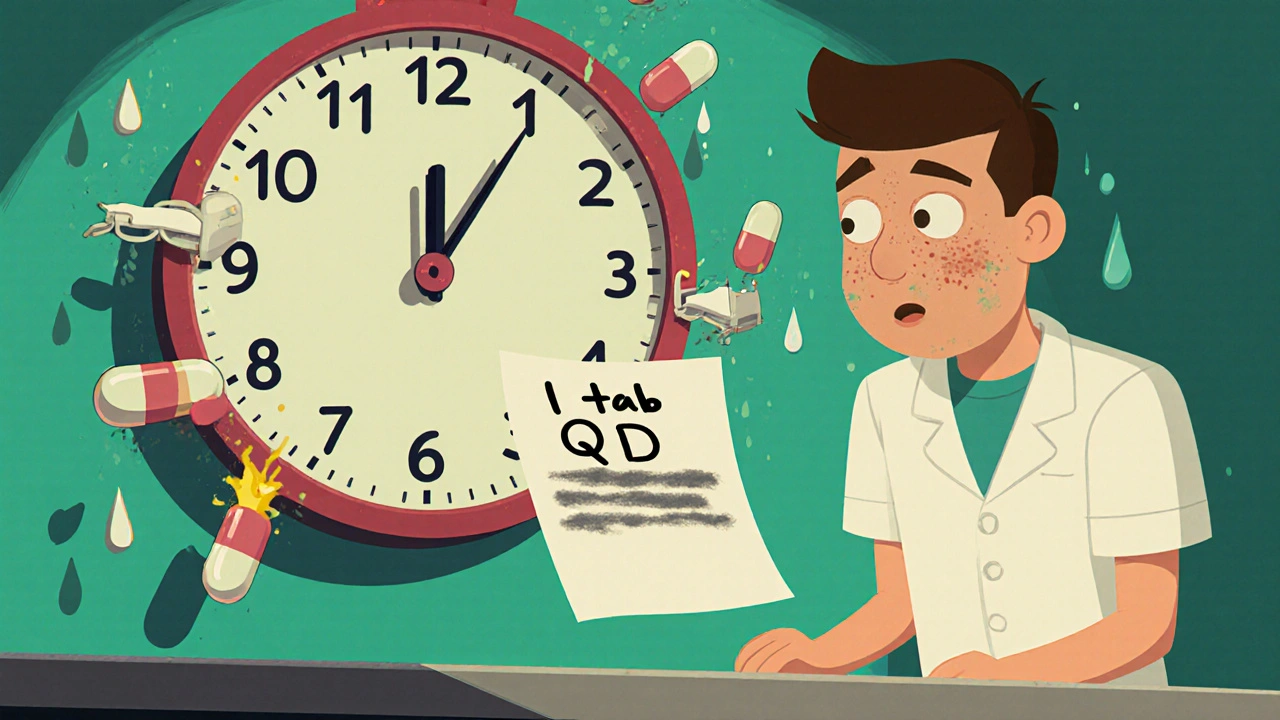A pharmacist shocked by a smudged prescription where QD looks like QID, with pills turning into hospital beds.