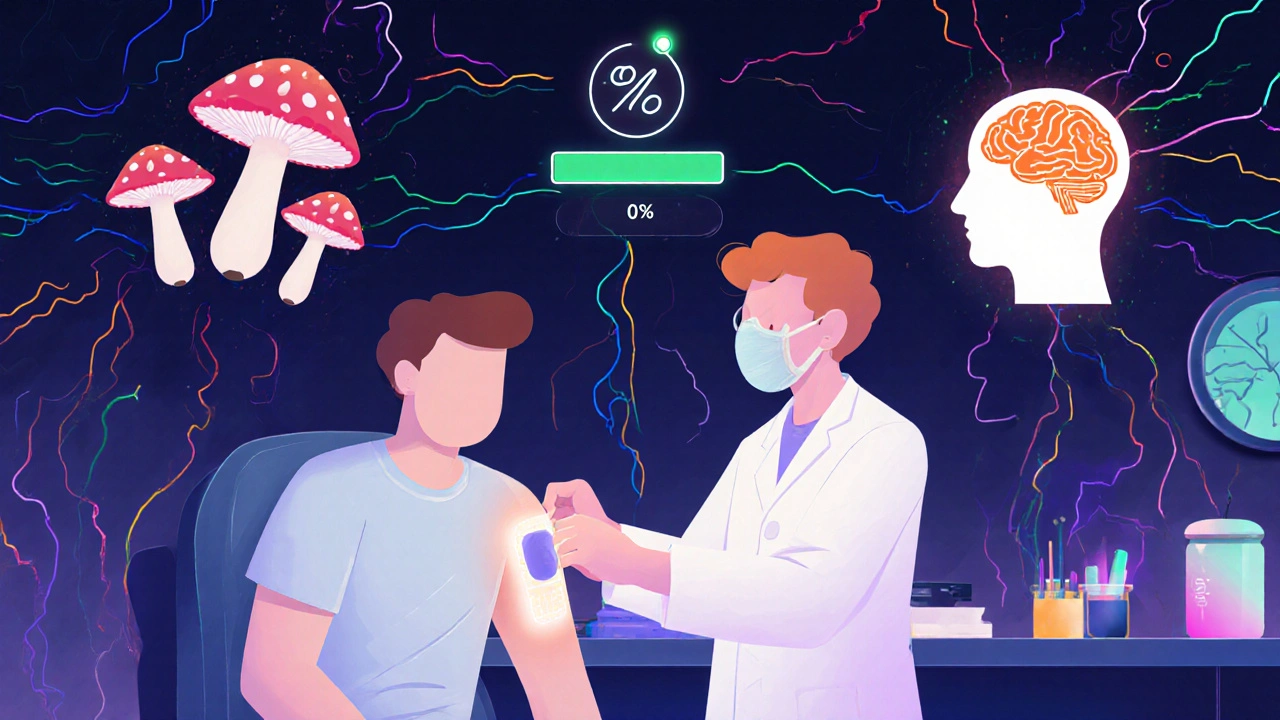 A scientist applying a glowing patch to a patient while psilocybin and new drug symbols float above.