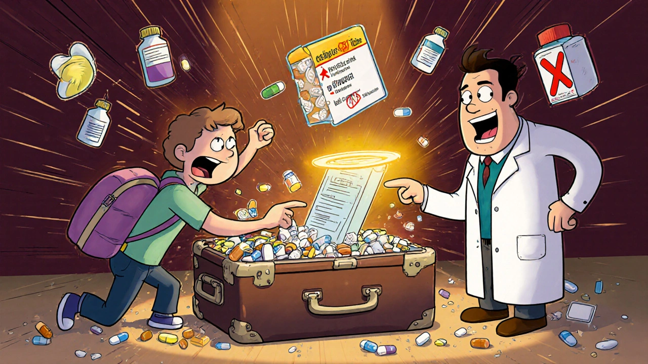 A traveler searches through chaos as a doctor points to a glowing, organized med kit.