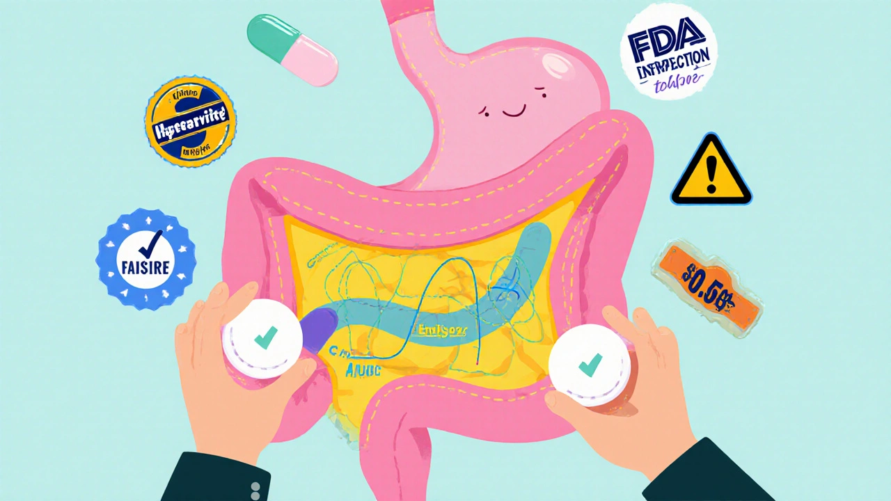 Cartoon stomach showing identical drug absorption from generic and brand-name pills, with FDA inspection badges.