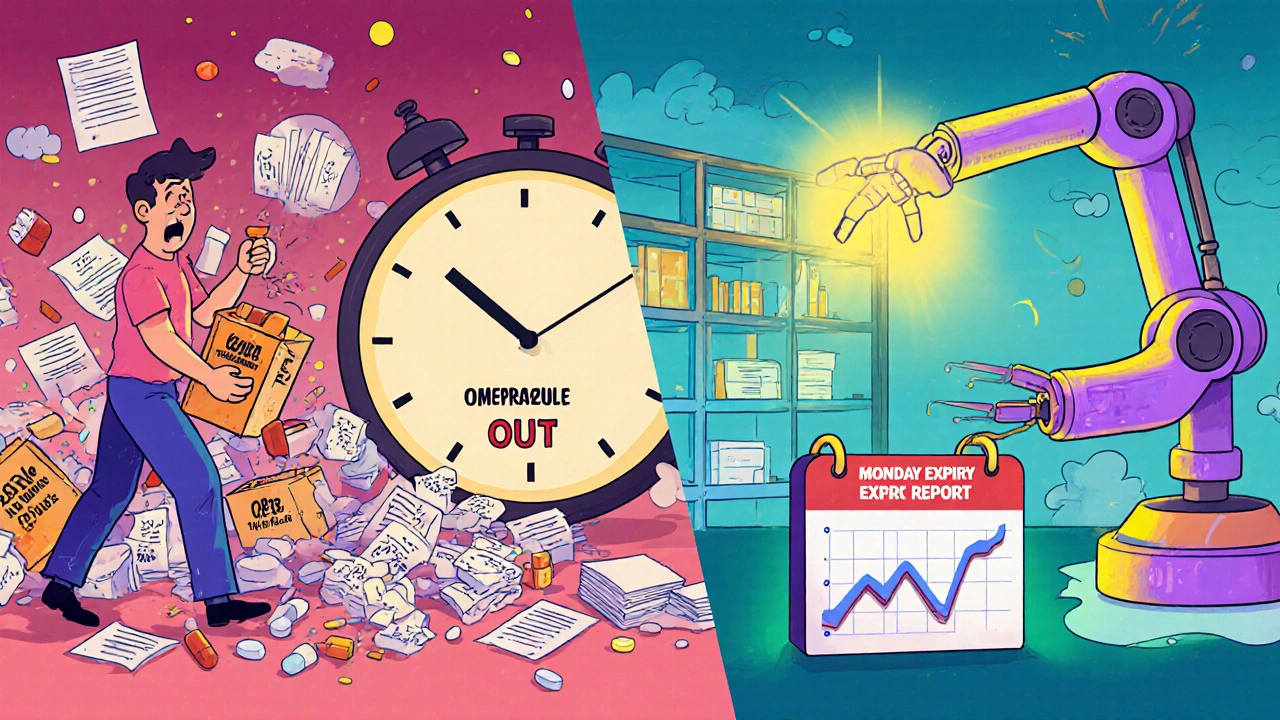 Contrasting scenes of chaotic expired stock vs. automated restocking system in playful cartoon style.