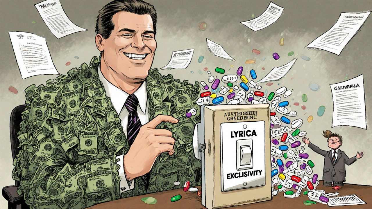 Corporate executive flipping a switch that releases an authorized generic while blocking other generic companies.