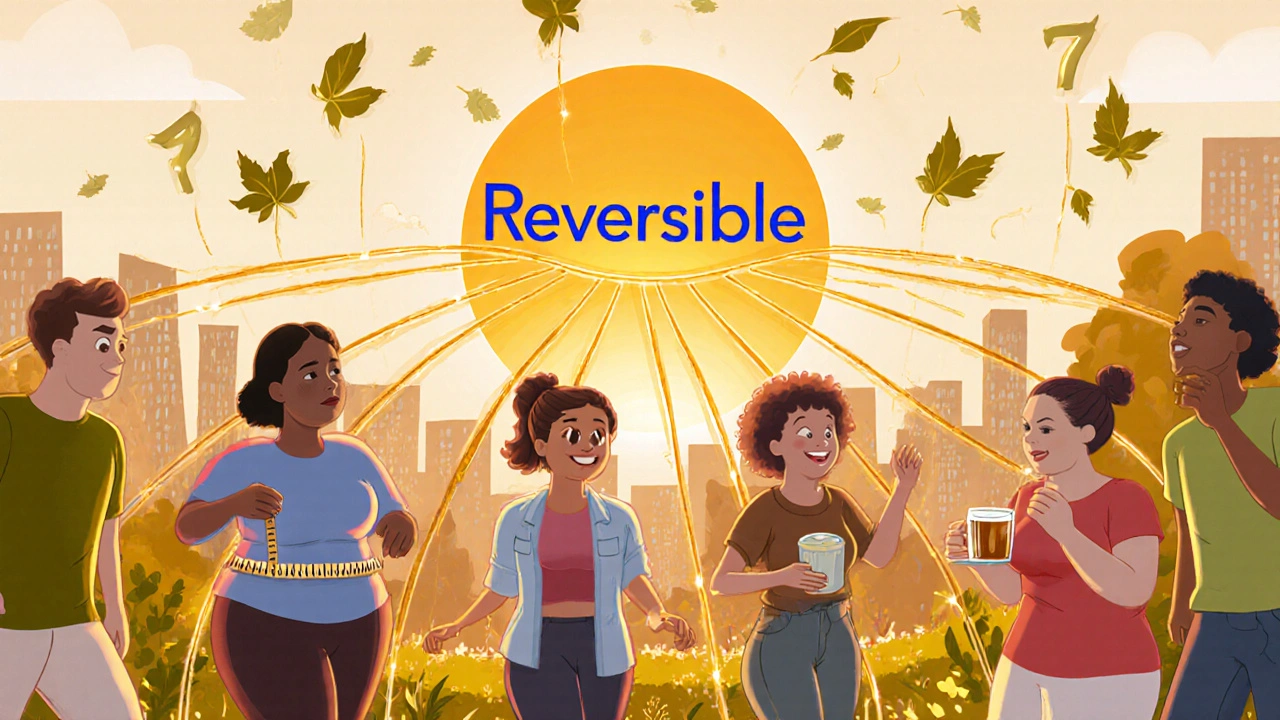 Diverse people in a garden practicing healthy habits, connected by golden threads, with uplifting numbers floating like leaves in sunrise light.