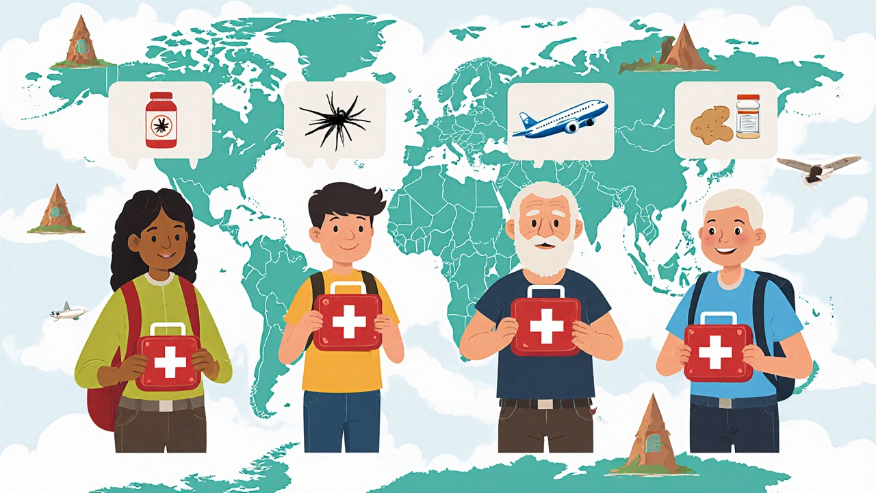 Diverse travelers holding customized first-aid kits with destination-specific items.