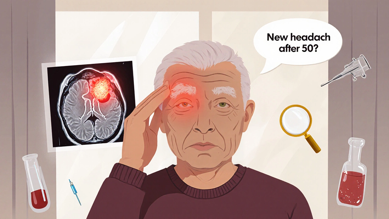 Elderly person touching temple with glowing inflammation and MRI scan of brain tumor floating behind.