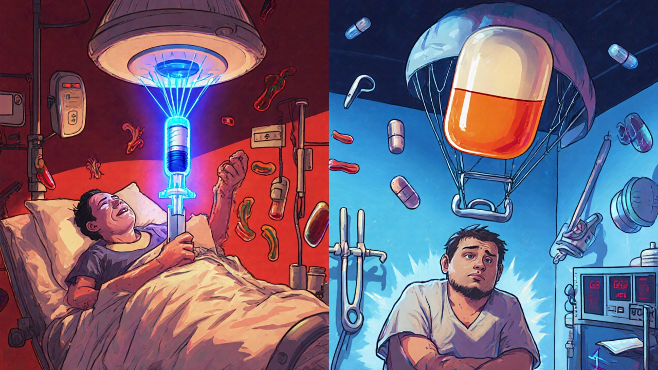 Emergency scene showing rapid DOAC reversal with glowing injection versus slow warfarin reversal with giant vitamin K pill, exaggerated medical symbols.