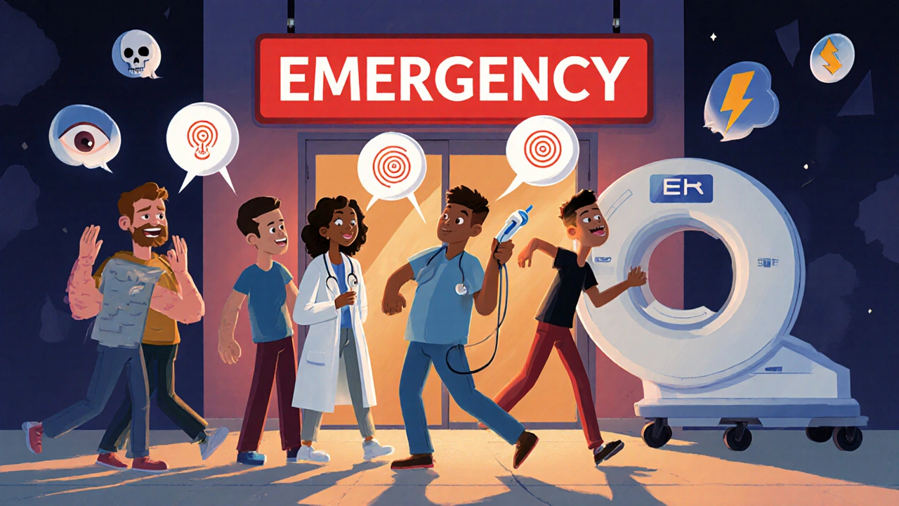 Group of people showing neurological symptoms rushing toward ER with doctor approaching, emergency lights glowing.