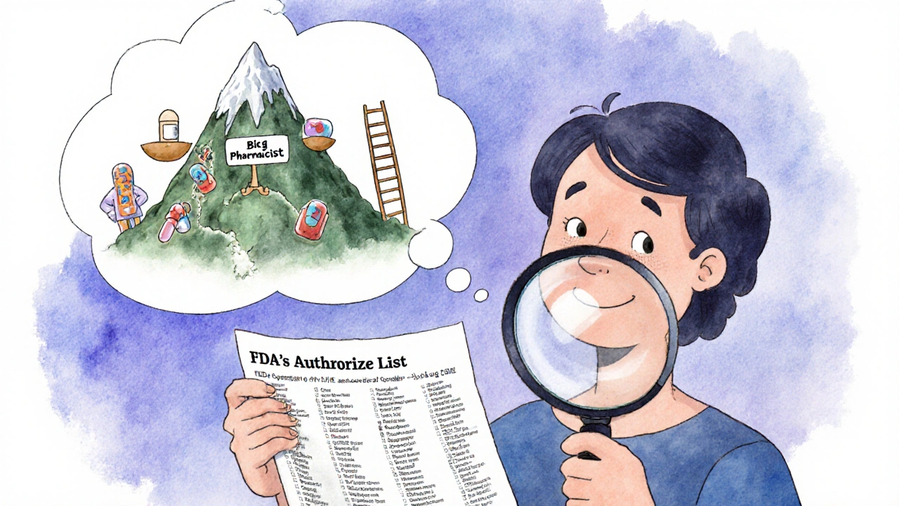 Patient examining FDA&#039;s authorized generic list with a magnifying glass, surrounded by expensive drugs.