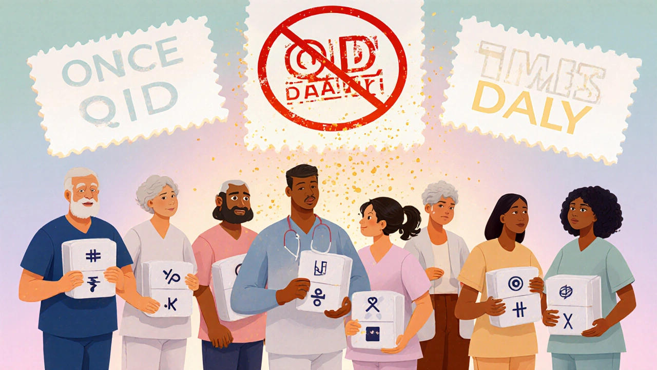 Patients holding pill organizers as QD and QID are stamped out, replaced by clear text instructions.