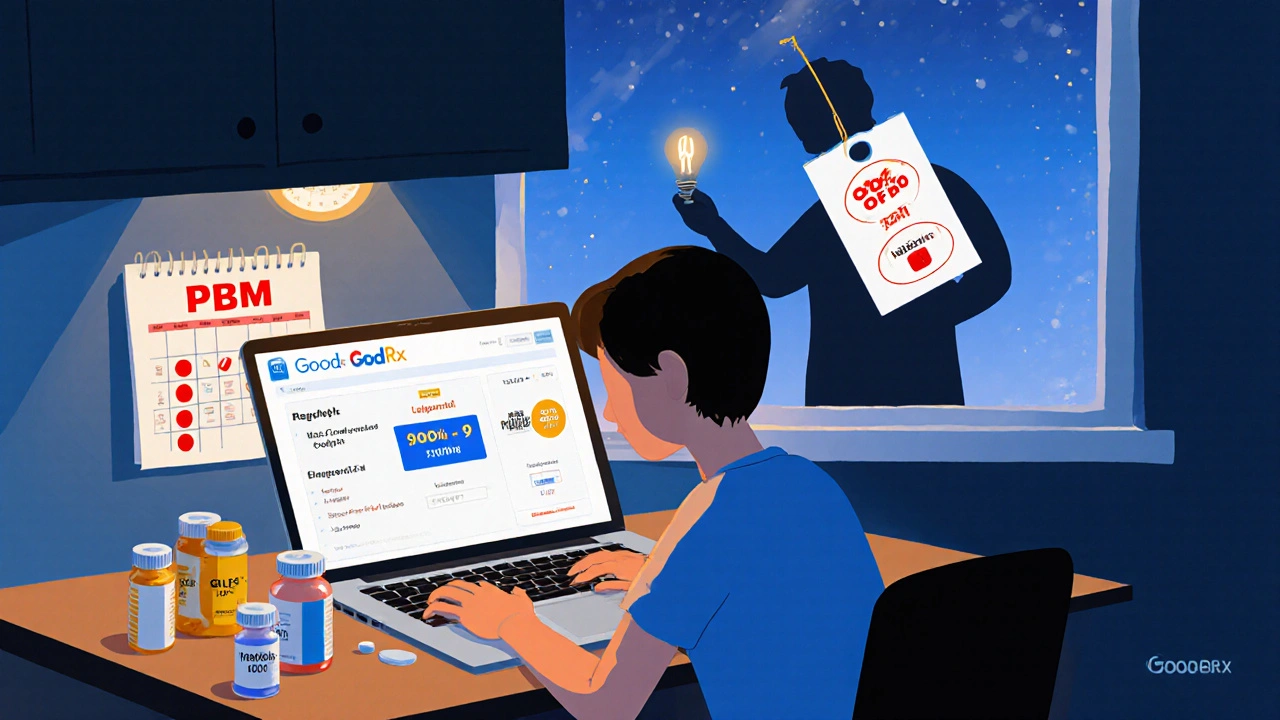 Person at home with GoodRx Gold subscription and pill bottles, night lighting, rising price tag in background.