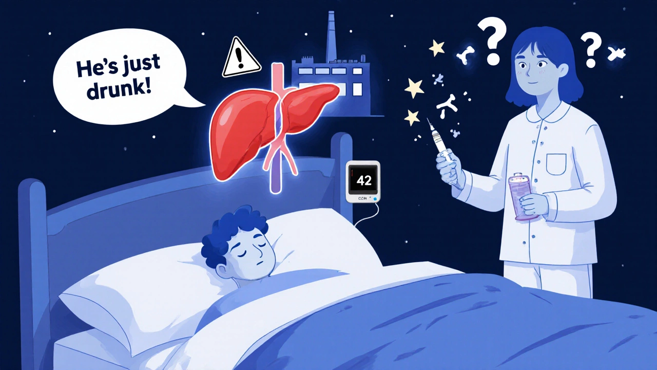 Person sleeping as glucose monitor flashes danger, friend holding glucagon nearby