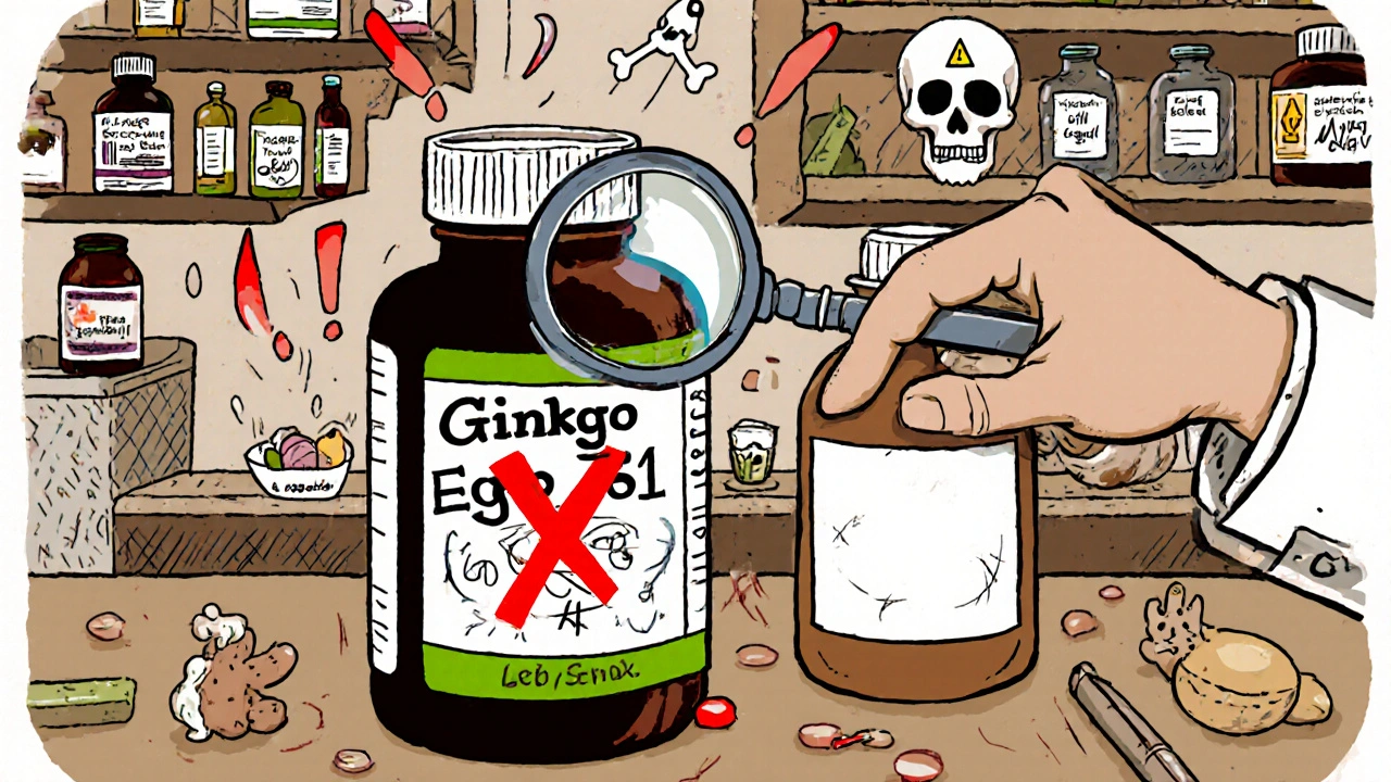 Pharmacist examining Ginkgo supplement with red X over unmarked bottle.