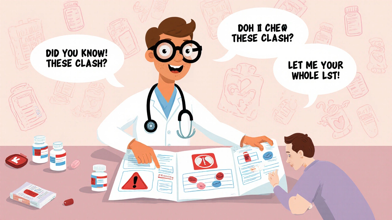 Pharmacist reviewing a large illustrated medication chart with a patient, highlighting a dangerous drug interaction.