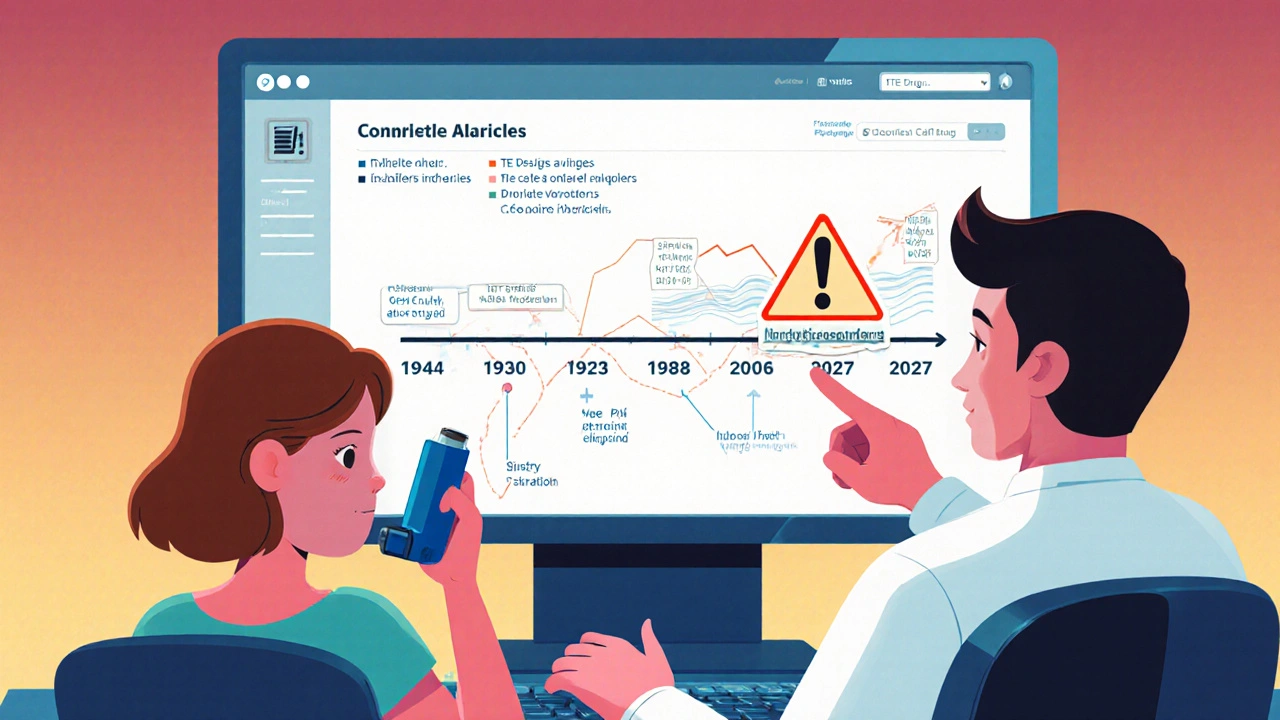 Pharmacy screen showing TE Code updates for inhalers and biosimilars with a doctor and patient discussing.