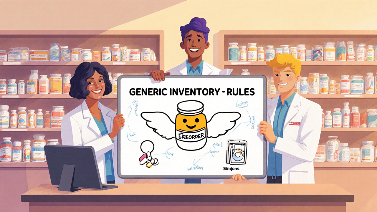 Pharmacy team with whiteboard explaining generic inventory rules in cheerful CalArts illustration style.