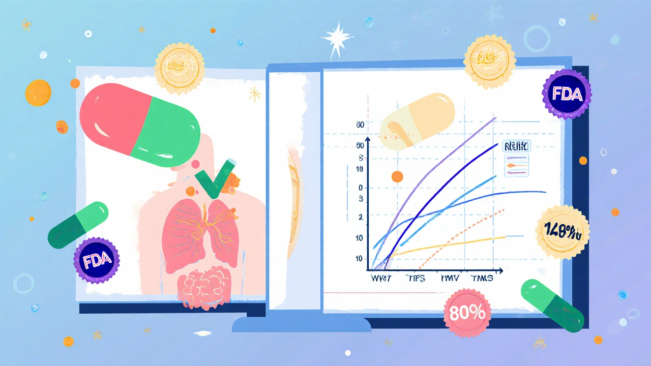 Side-by-side comparison of brand and generic pill absorption in the body with bioequivalence data.