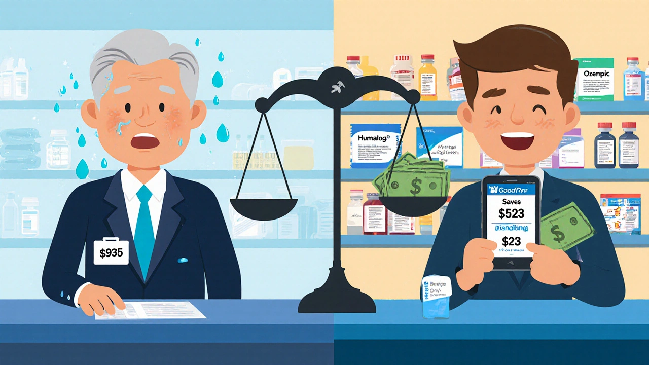 Side-by-side scene showing high insurance cost vs. low GoodRx cash price with savings arrow, vibrant cartoon style.
