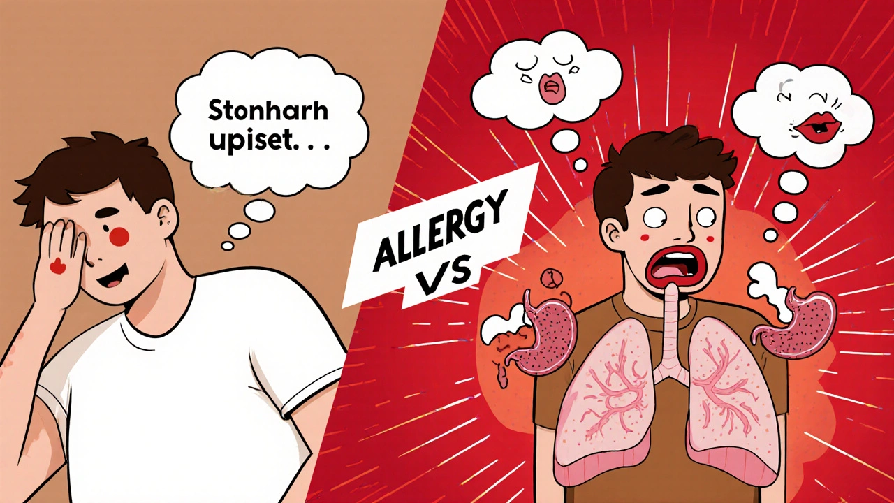 Split cartoon scene showing mild side effect on one side and severe allergic reaction with multiple symptoms on the other.