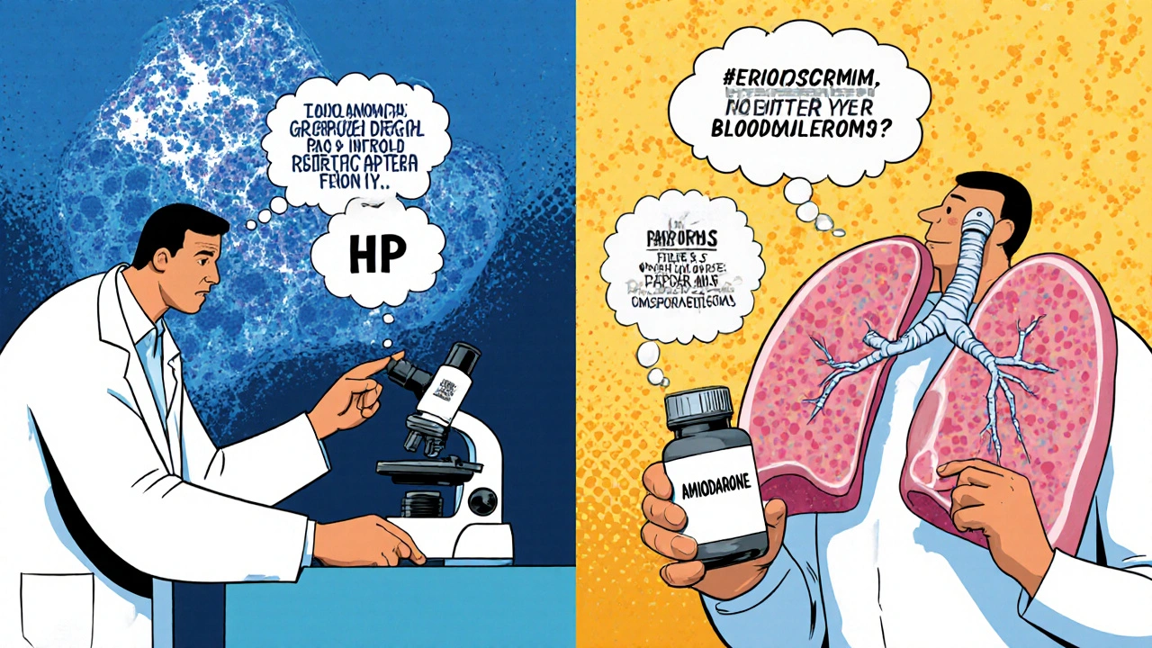 Split illustration comparing lung biopsy patterns of hypersensitivity pneumonitis versus drug-induced lung injury.