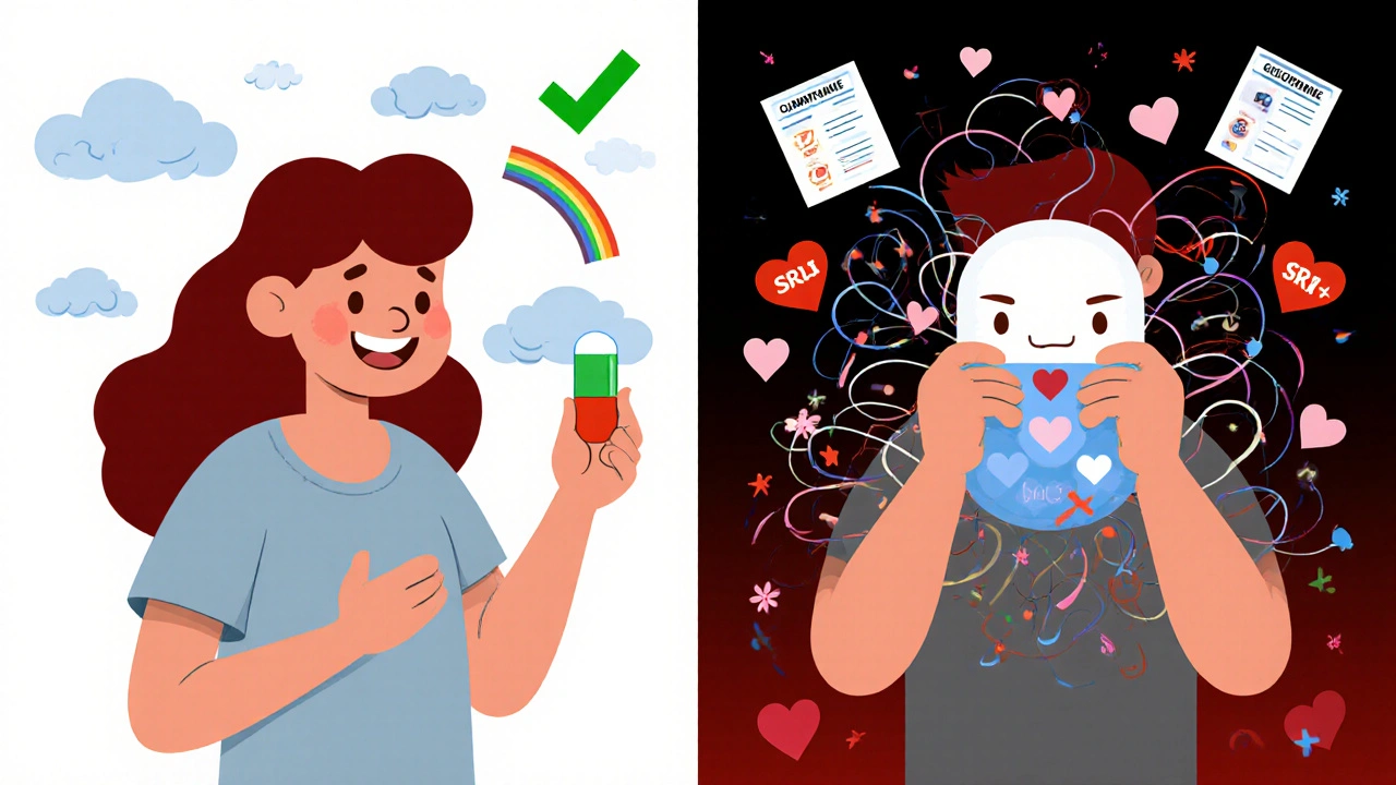 Split illustration: one side calm with SSRI pill and rainbows, the other chaotic with clomipramine side effects.