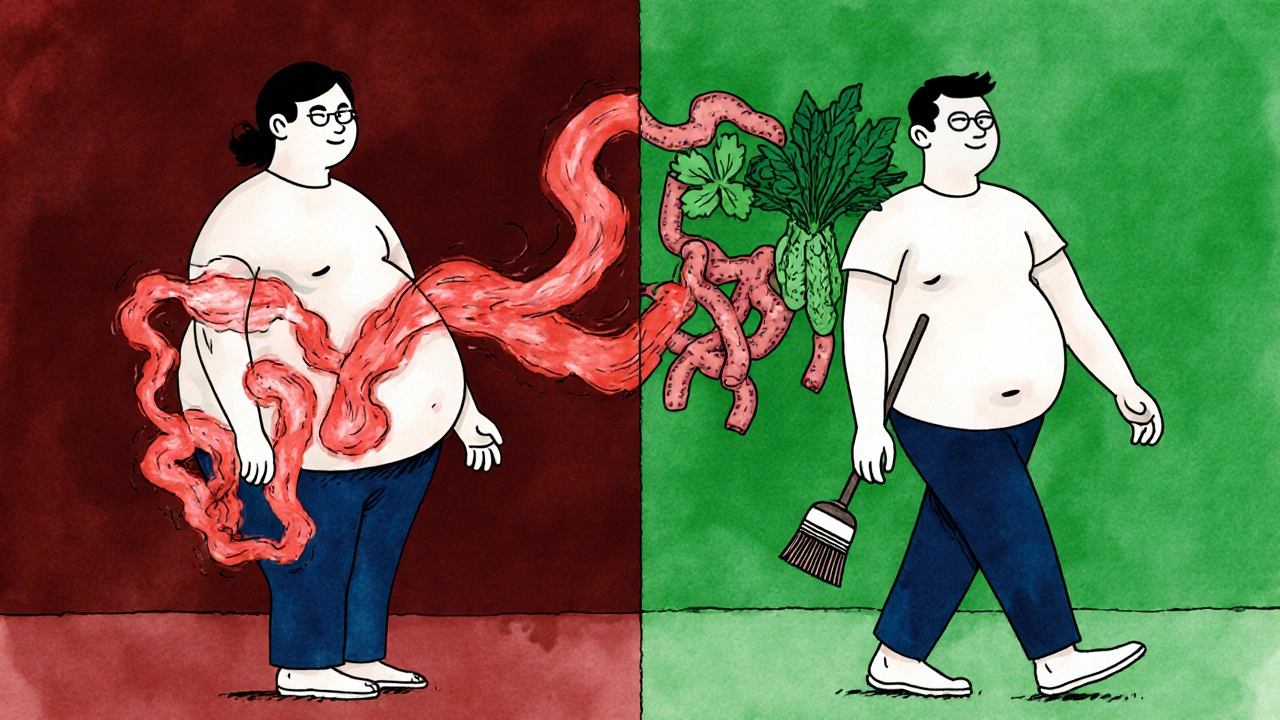 Split illustration showing visceral fat inflaming arteries on one side, and healthy lifestyle reversing damage on the other.
