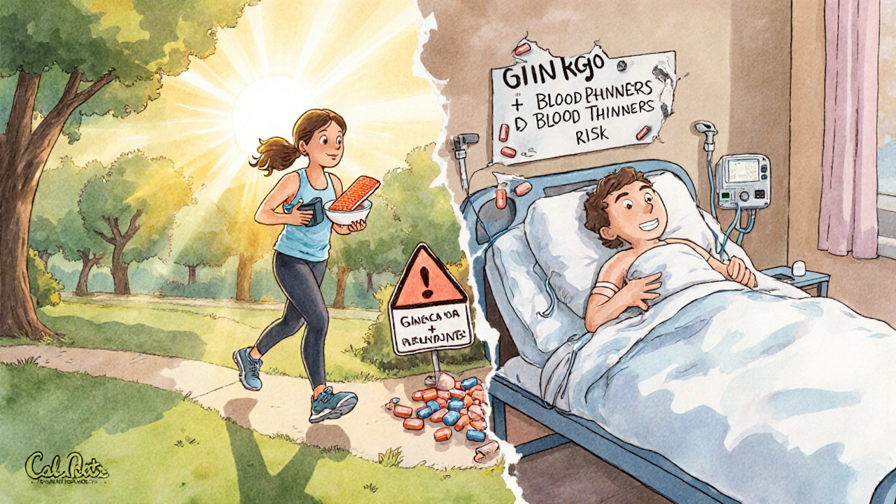 Split scene: healthy person jogging vs. hospitalized person with supplement bridge.