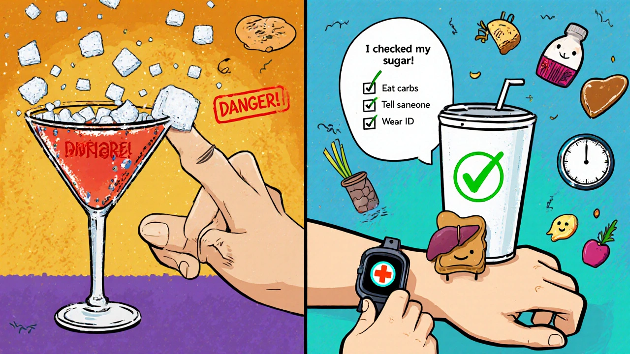 Split scene: risky cocktail vs safe drink with carbs and medical ID, educational cartoon style