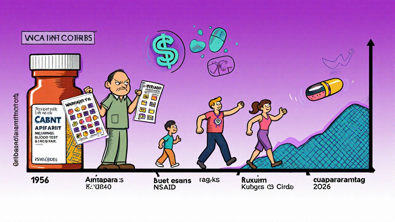 Timeline cartoon comparing old warfarin lifestyle chaos with modern DOAC simplicity, generic apixaban pill smiling as cost graph falls, kidney icon giving thumbs-up.