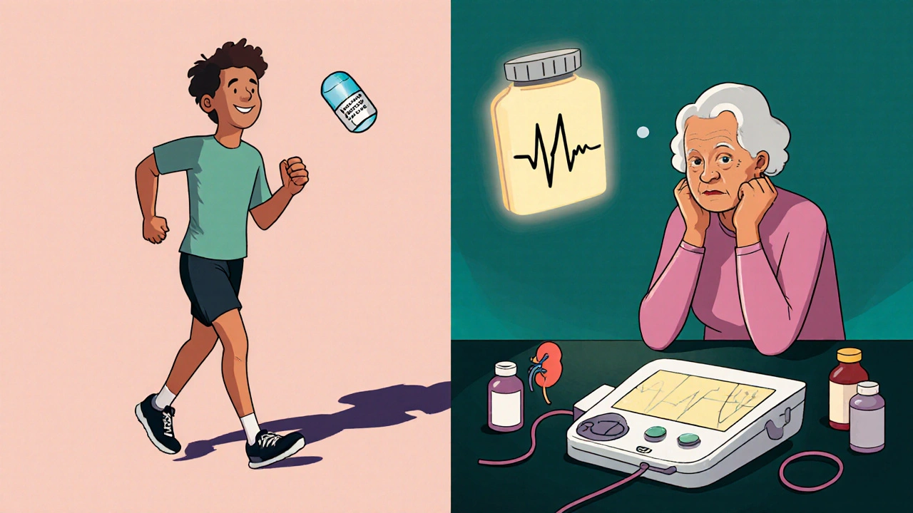Two contrasting scenes: a healthy young person and an elderly person with risk factors near an ECG machine.