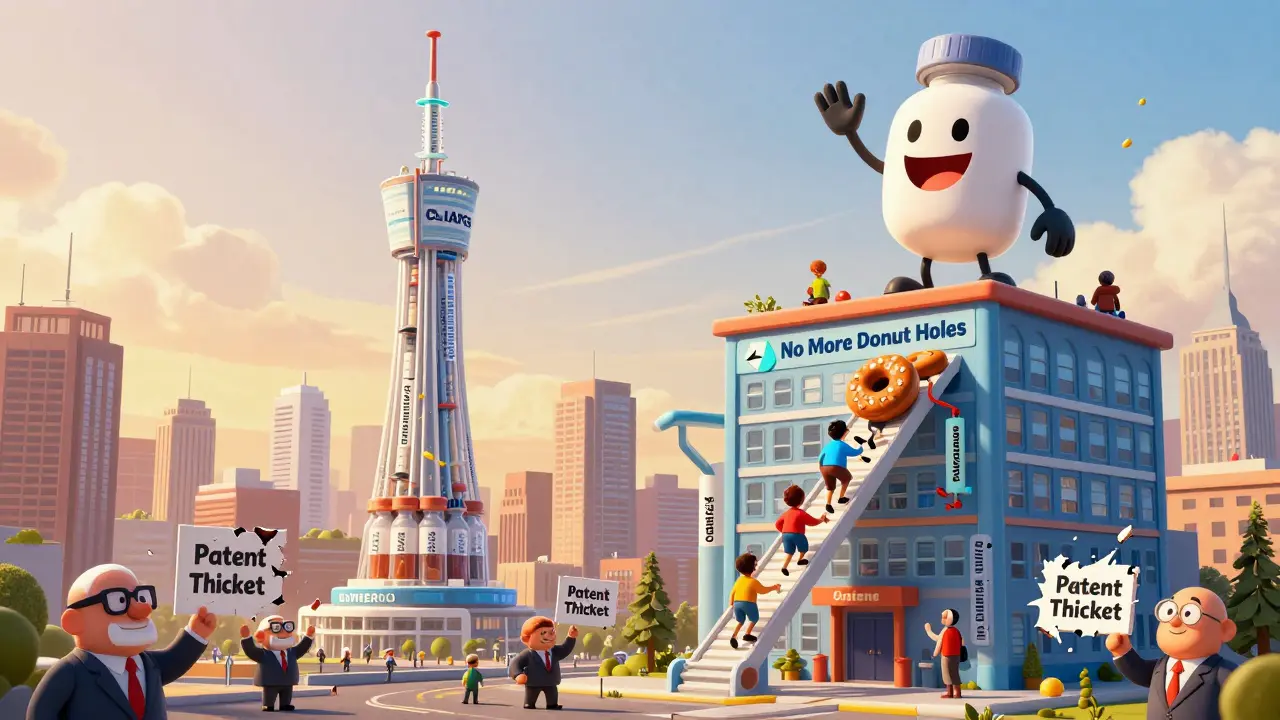 2027 skyline with North American biosimilar tower rising above Europe's, patients climbing affordable care ramps