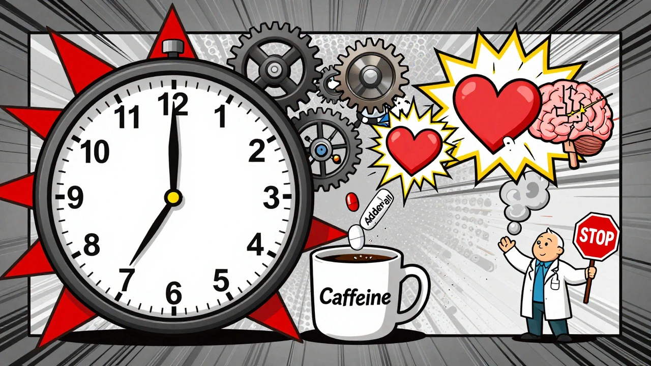 A clock showing Adderall and caffeine combining at 9 a.m., causing a chaotic brain and heart explosion.