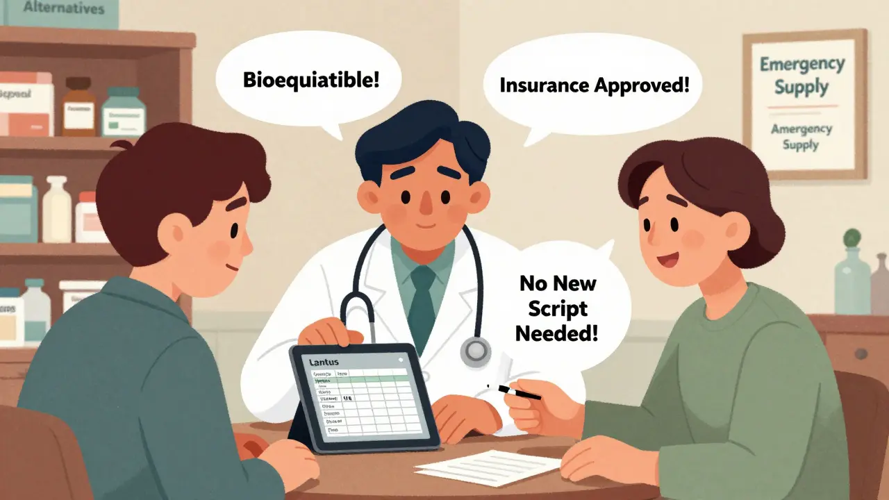 A doctor and pharmacist review a substitution chart with a patient, showing Lantus as a safe alternative to a missing drug.