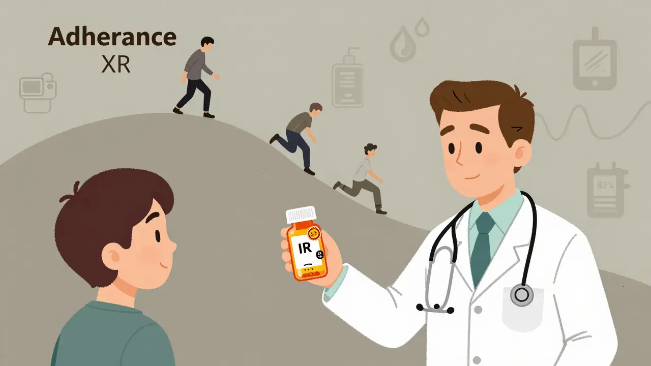 A doctor gives two pill bottles to a patient — one labeled with failure, the other with success — as a timeline shows adherence differences in CalArts illustration style.
