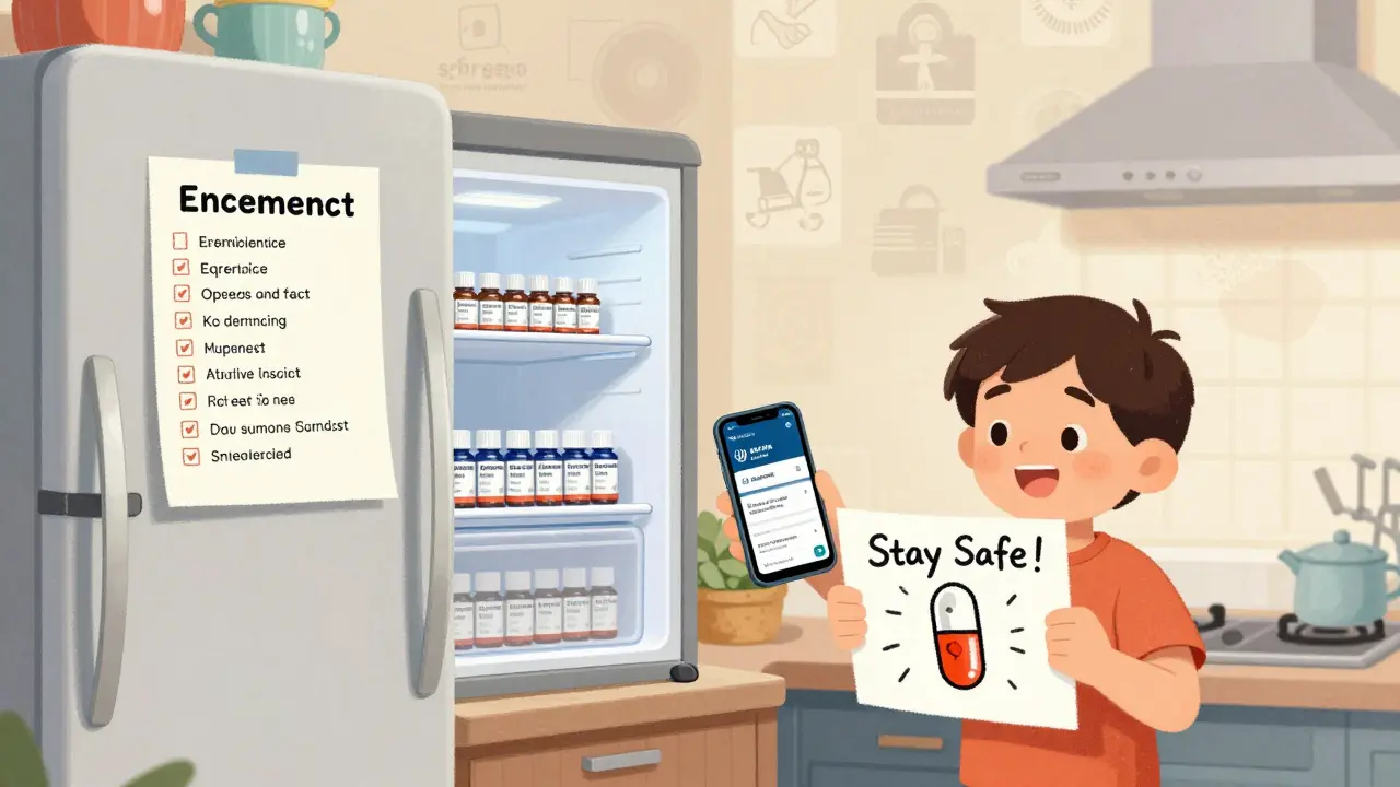 A family prepares an emergency medication kit with insulin supply, checklist, and MHRA alert on phone, in a cozy kitchen.