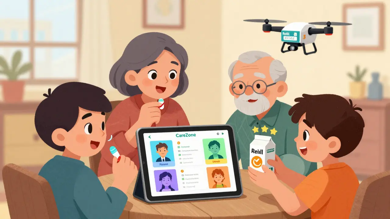 A family sharing a medication dashboard on a tablet, with avatars and a delivery drone symbolizing coordinated care.