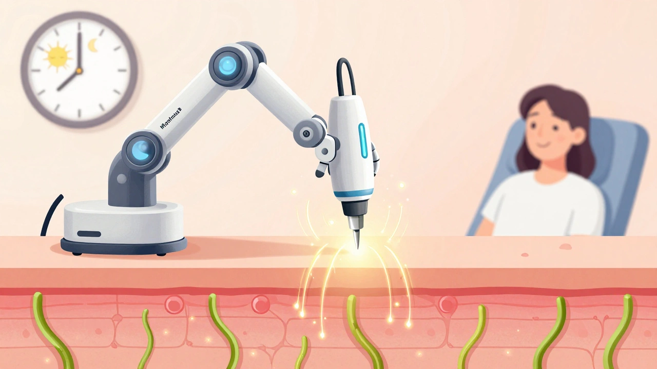 A friendly robot arm delivering radiofrequency energy into skin, with collagen vines growing beneath.