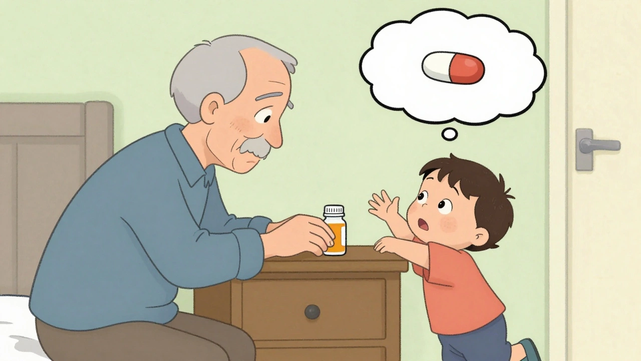 A grandparent leaves pills on a nightstand as a toddler reaches up nearby.