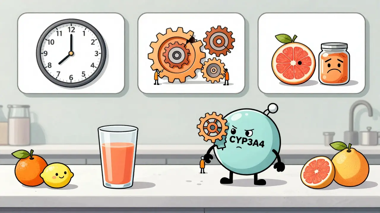 A kitchen scene showing grapefruit juice and a timeline of enzyme recovery with safe and unsafe fruits.