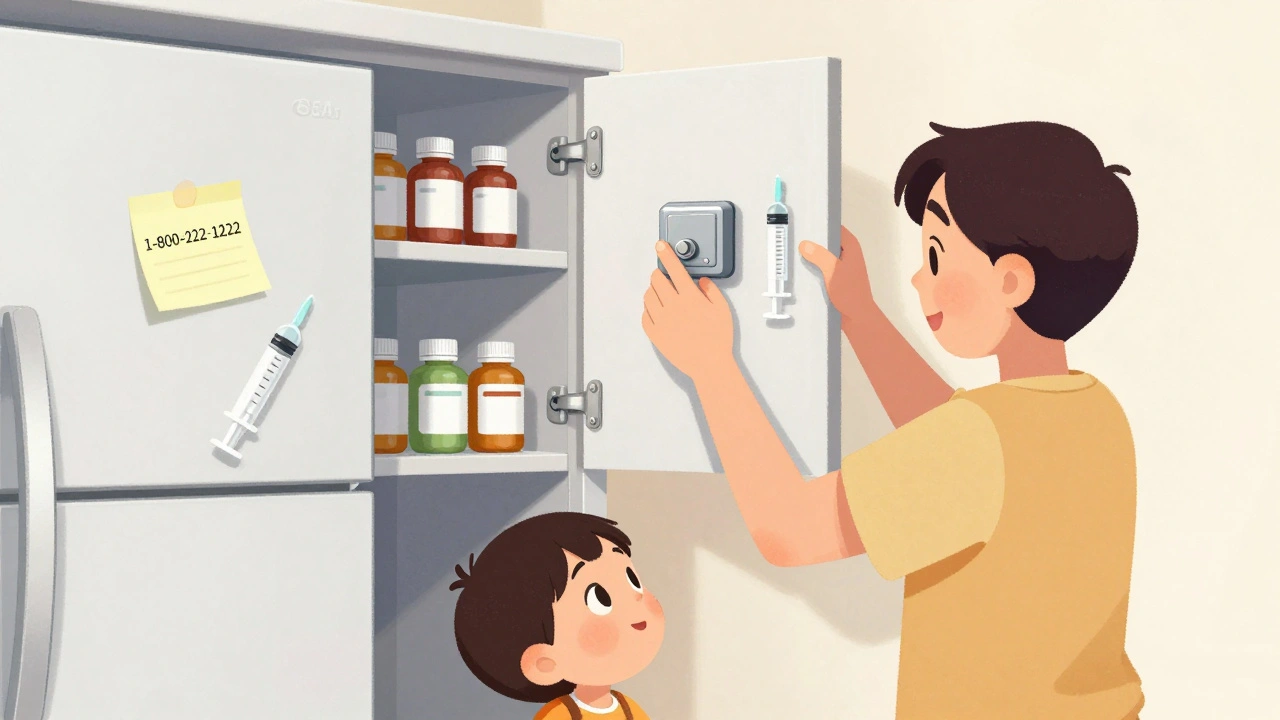 A parent installs a locked cabinet high on the wall to safely store medicine.