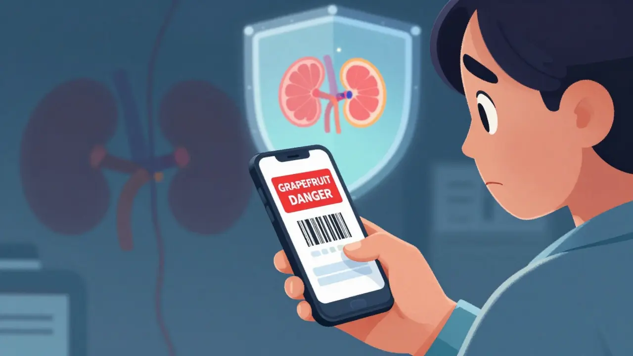 A patient scanning medication with a red grapefruit danger alert on phone, shadowy grapefruit looming.