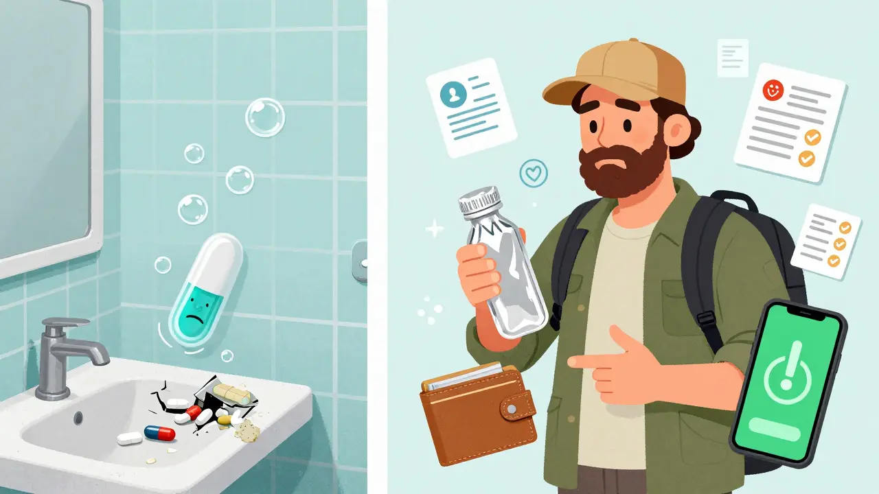 A split scene showing medication damage in a bathroom versus safe storage with foil-wrapped pills and temperature monitor.