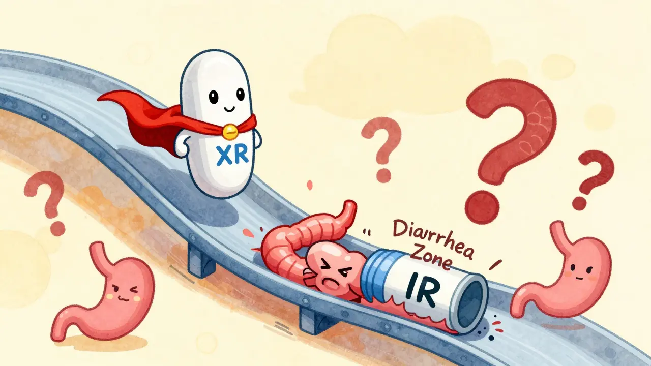 A superhero extended-release pill gliding peacefully through an intestine slide while an angry immediate-release pill tumbles through a chaotic tube in CalArts cartoon style.