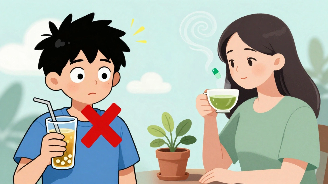 A teen with an energy drink and medication marked &#039;no&#039;, contrasted with an adult drinking green tea calmly.