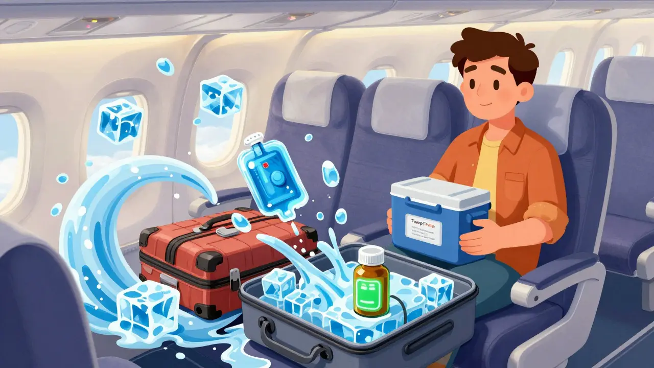 A traveler on a plane with a medical cooler in their lap while luggage below freezes and melts chaotically.
