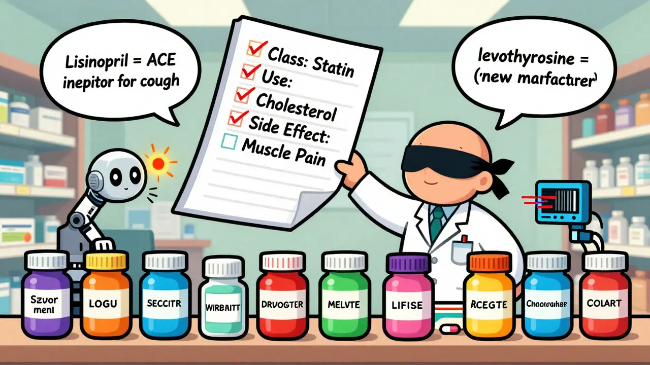 Blindfolded tech reaching for pills while floating clinical info and a glitching scanner appear in a colorful training scene.