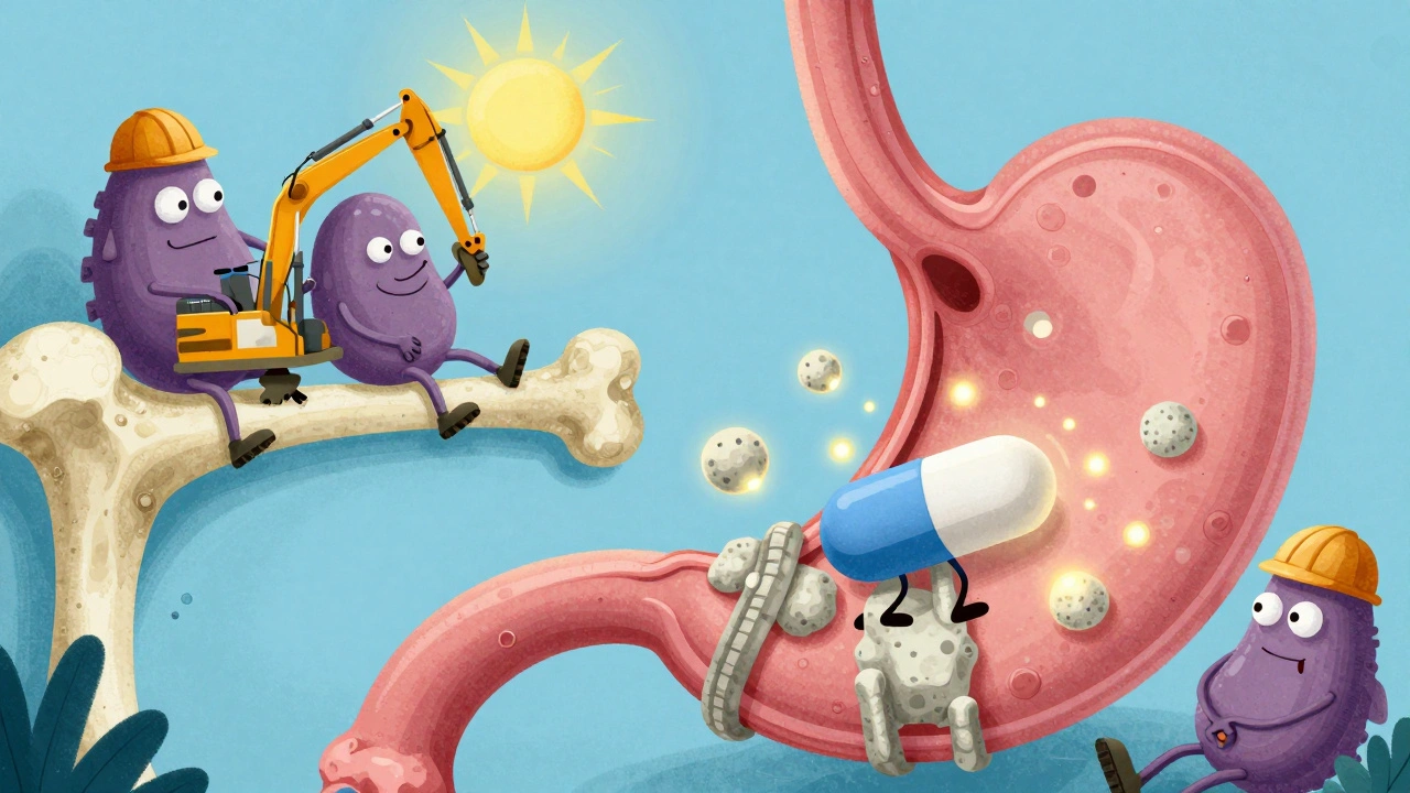 Cartoon stomach with bisphosphonate pill fighting sticky calcium ions, osteoclasts sleeping on bones.