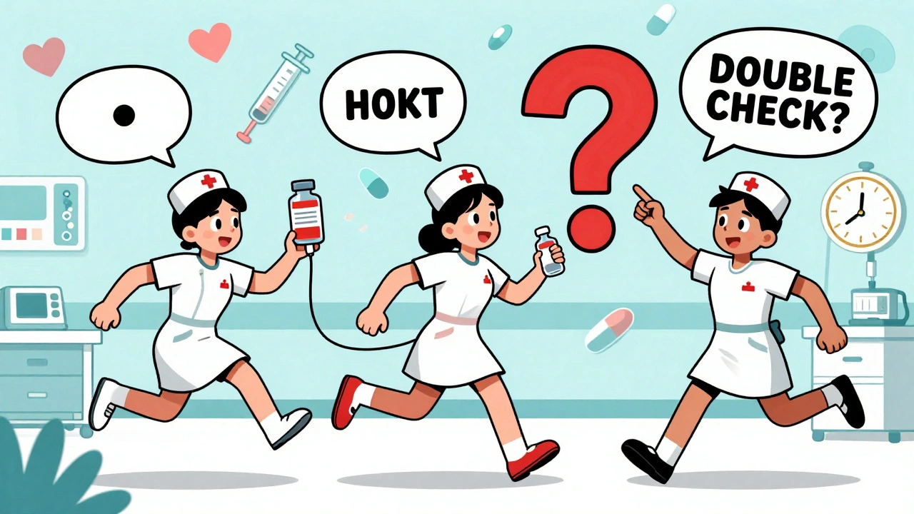 Chaotic hospital scene with nurses struggling to complete double checks amid medical errors.