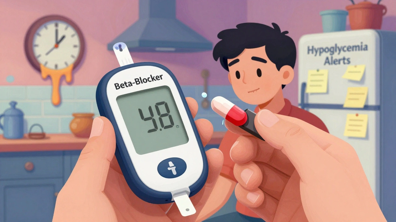 Diabetic person’s blood sugar meter is blank as beta-blocker erases warning signs of low sugar.