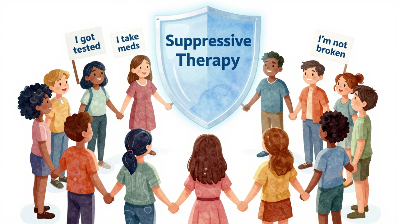 Diverse group holding hands with glowing infection outlines, surrounded by symbols of testing and treatment.